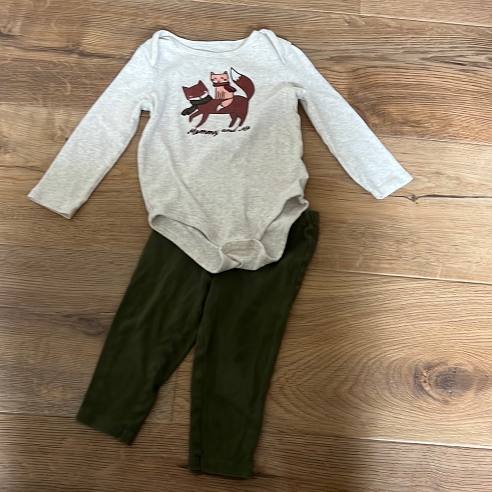 Fox onesie and green pant outfit